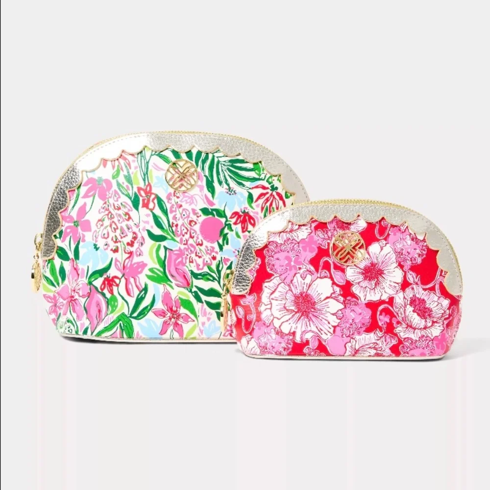 Lilly Pulitzer Scallop Pouch Set in Multi Glowing Gardens Print. 2pc Set - New